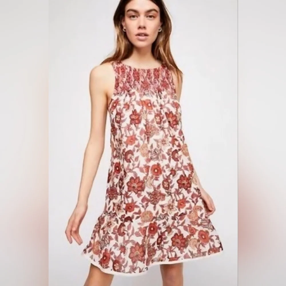 Free People Oh Baby Floral Mini Dress Swing Fully Lined White Cotton Smocked XS